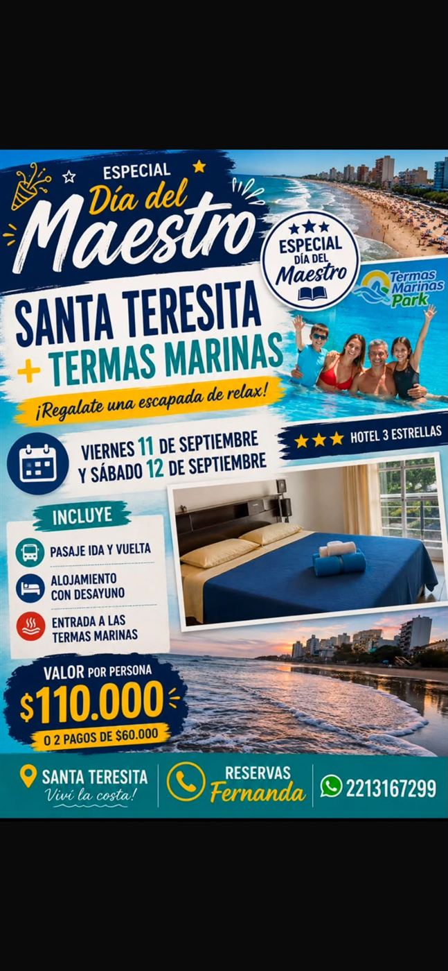 Promoción especial Día del Maestro en Santa Teresita y Termas Marinas