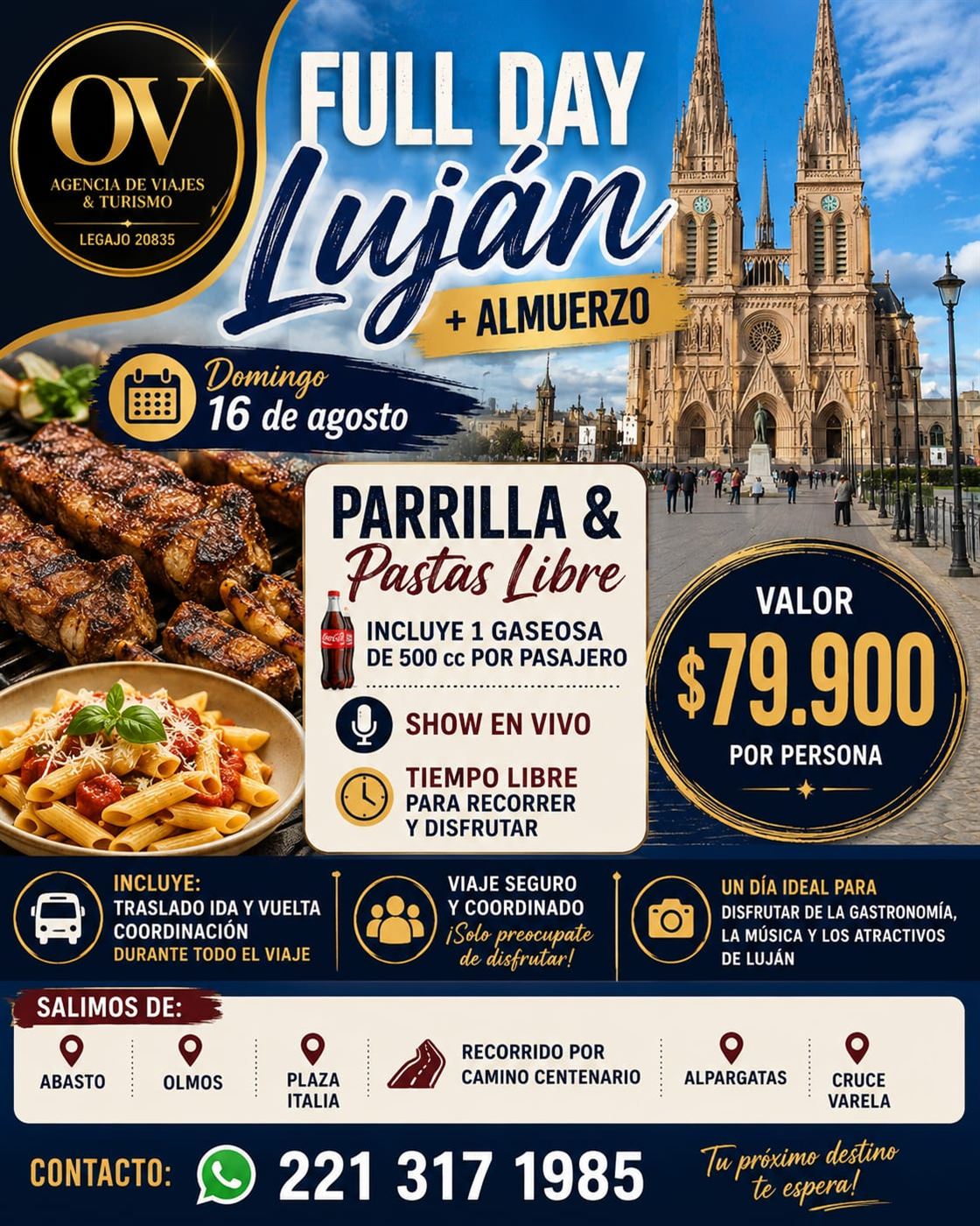 Promoción full day Luján, parrilla y pastas libres
